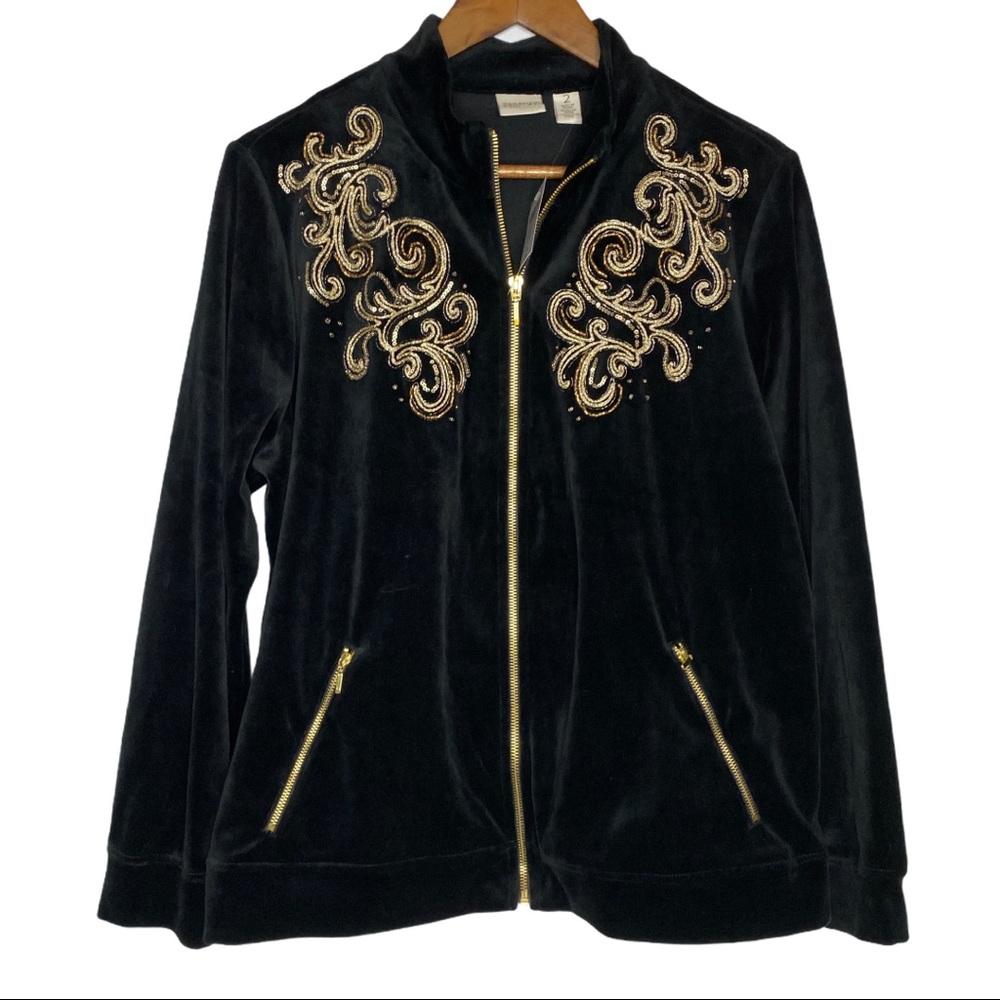 Chico's Black Bomber Jacket with Gold Embroidery